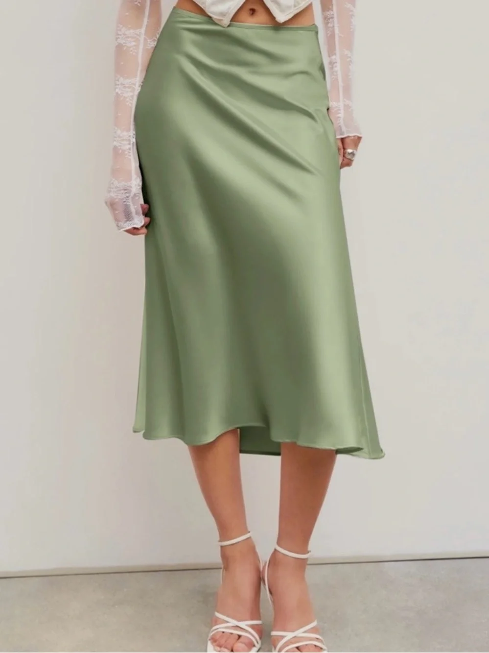 Satin Olive Green Midi Slip Skirt - Picture 1 of 4